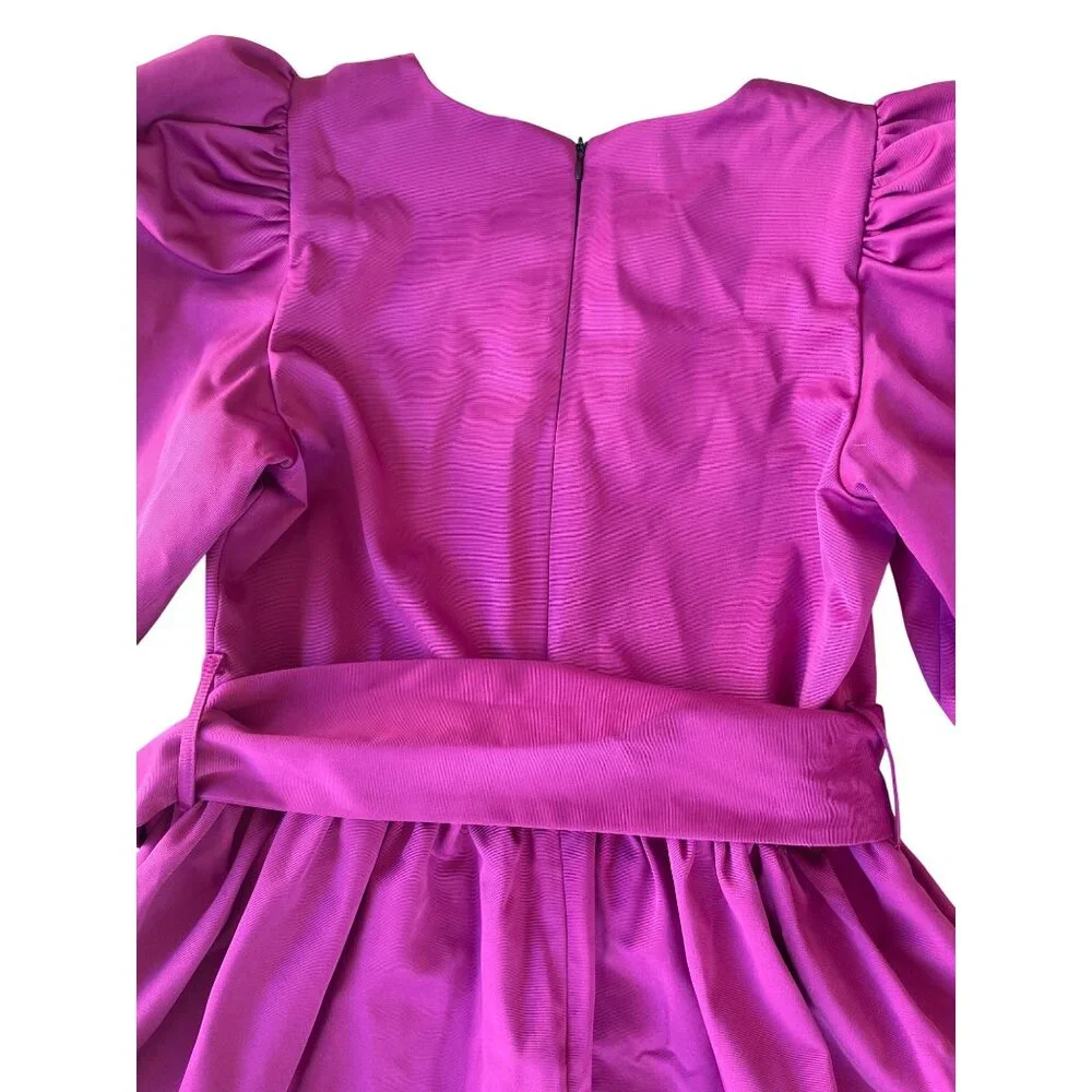 LaRoque Emma Small Puff Sleeve Mini Dress Magenta Fuchsia Cotton V-Neck Tie Wais - Picture 10 of 10